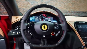 Ferrari Roma in Red Luxury Car Dealership in Dubai