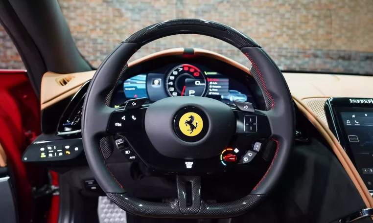 Ferrari Roma in Red Luxury Car Dealership in Dubai