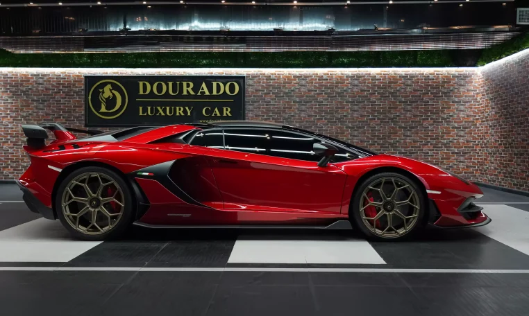 Lamborghini Aventador SVJ red Roadster Super car for sale in Dubai.
