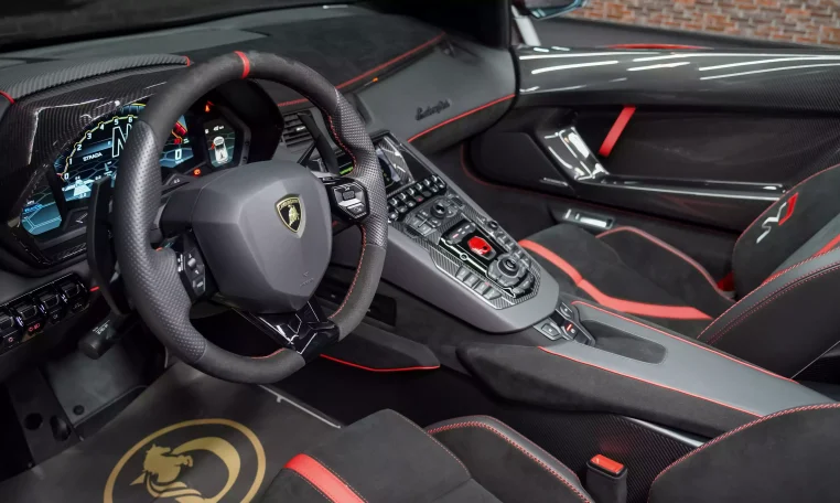 Lamborghini Aventador SVJ Roadster in Red Car Dealership in Dubai