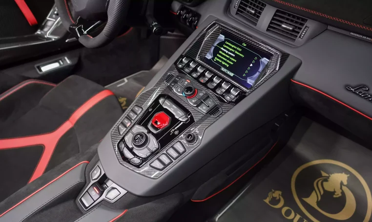 Lamborghini Aventador SVJ Roadster in Red Exotic Car Dealership in Dubai