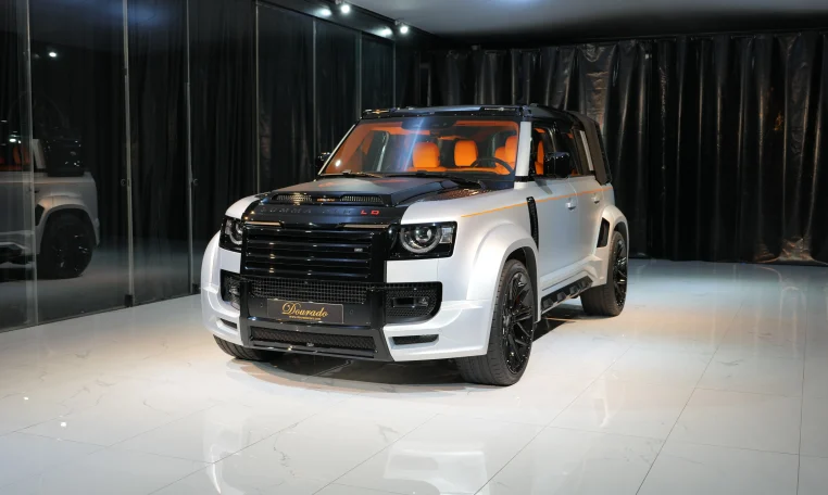 Land Rover Defender 110 P400 X Edition Lumma CLR LD in Hakuba Silver & Narvik Black in Dubai UAE
